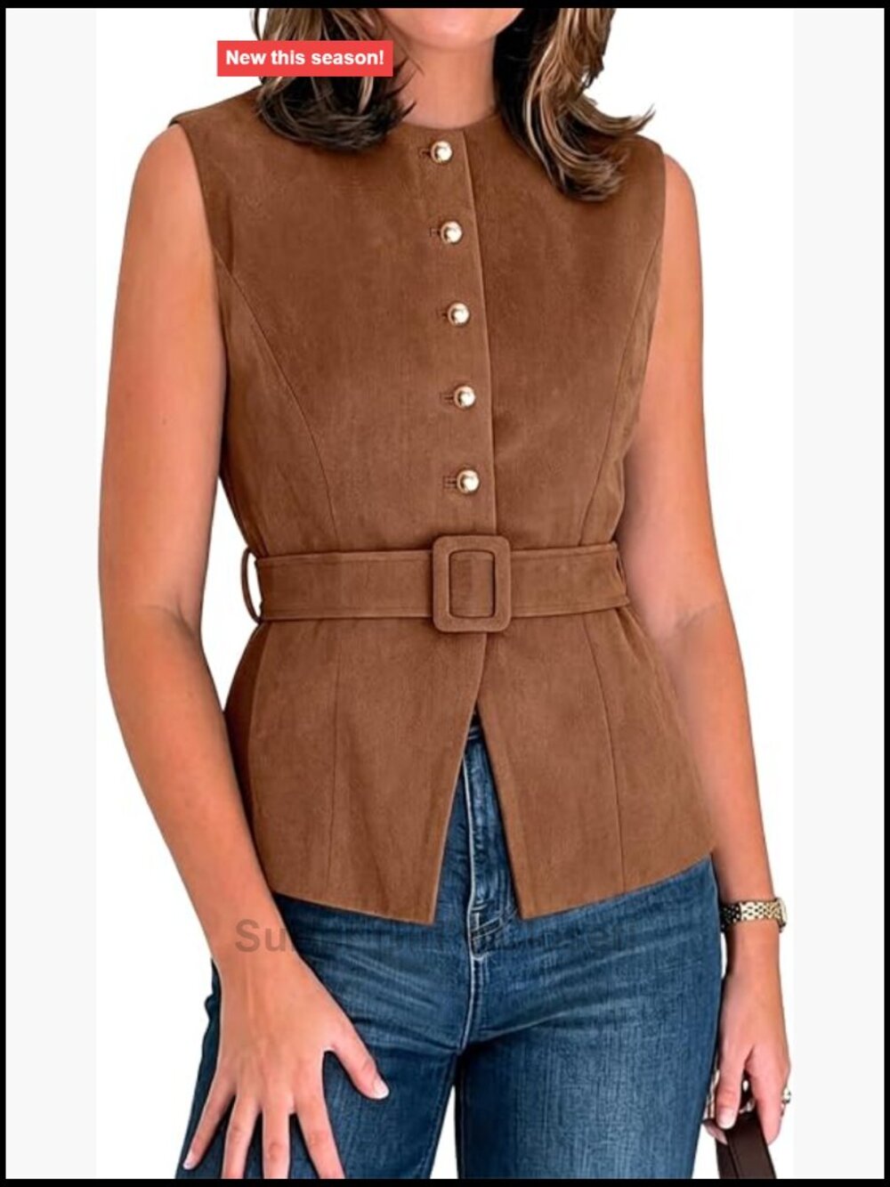 Women's Suede Vest Faux Suede Sleeveless Blazer with Belt